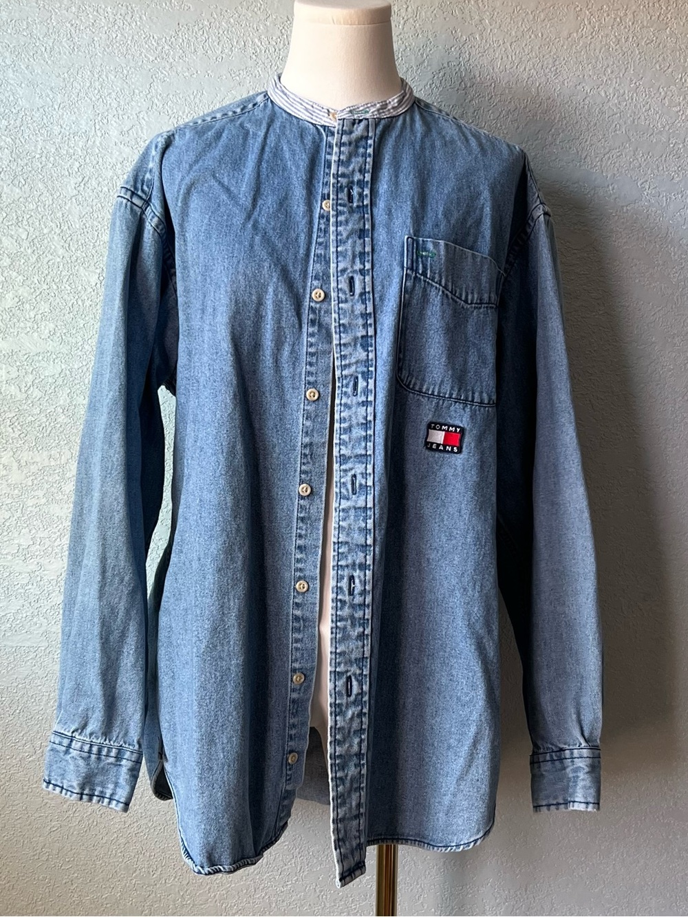Vintage Tommy Jeans Denim Band Collar Button Up Shirt 90s Y2K Baggy Small USA
